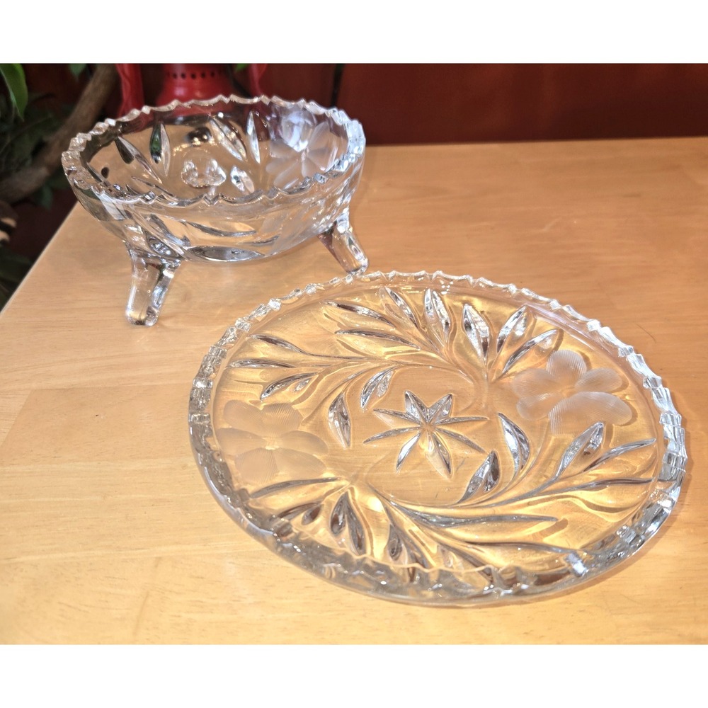 Vintage Floral Etched Crystal Footed Bowl and‎ Matching Plate